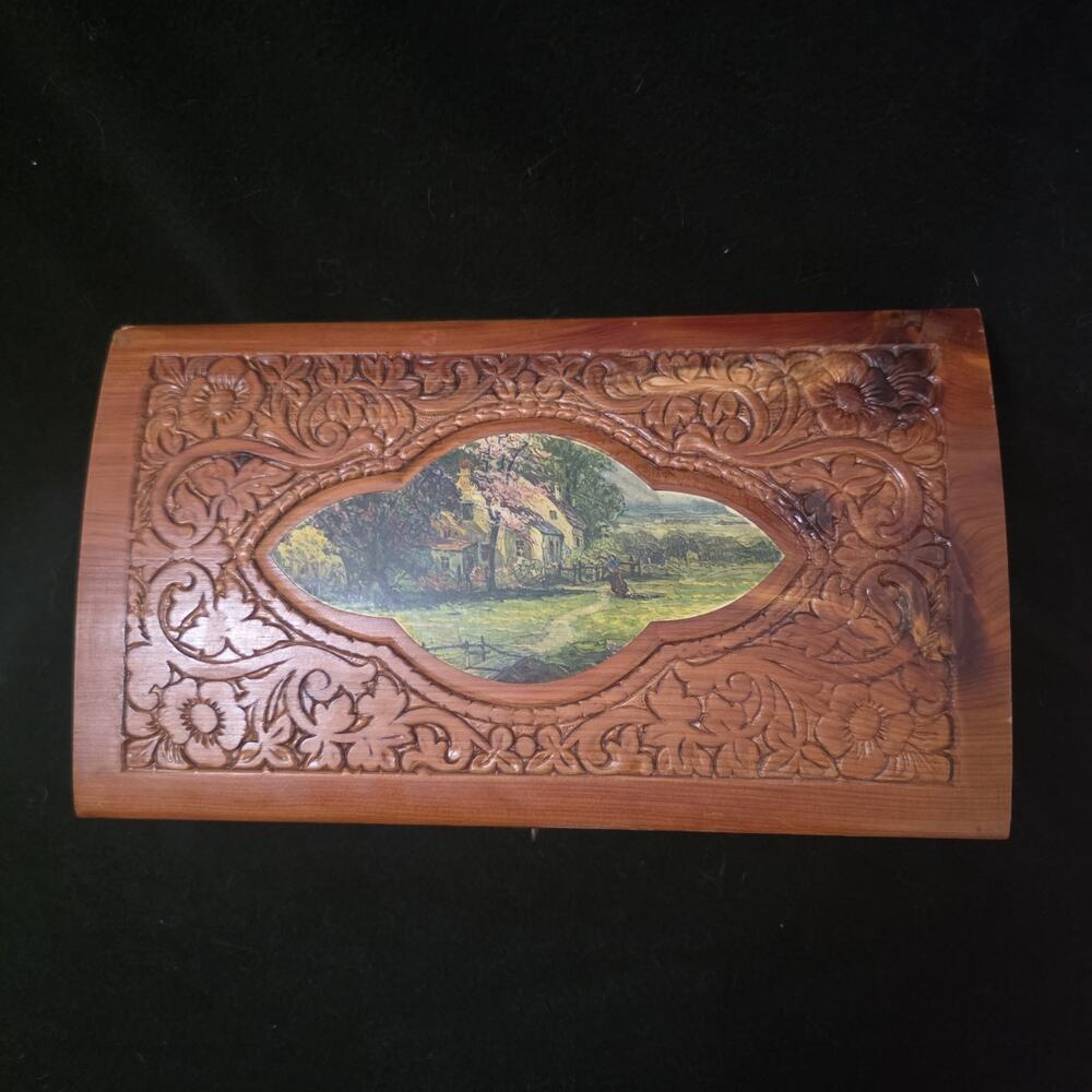 Vintage Carved Wood Cedar Jewelry Box Chest Storage With Scenic View Countryside